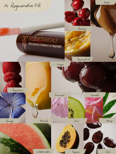 Collage of True Botanicals lip treatment with various fruits and botanicals displayed.
