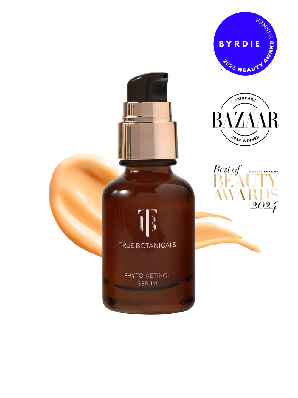 True Botanicals Phyto-Retinol Serum bottle with Byrdie and Harper's Bazaar awards on a white background