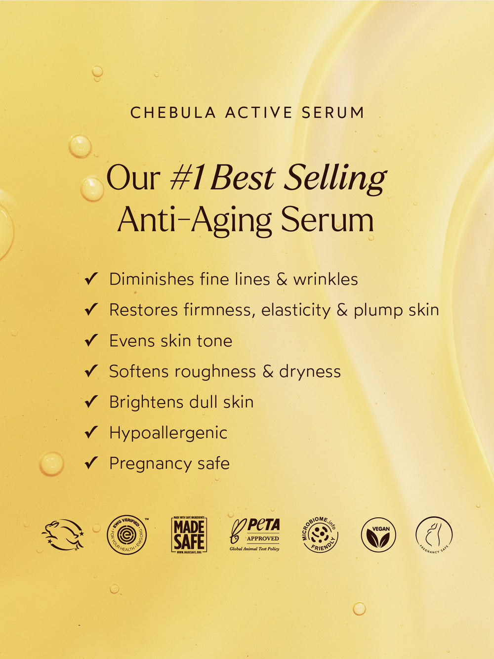 Chebula Active Serum benefits highlighted on a soft yellow background, emphasizing its ability to diminish fine lines, restore firmness, even skin tone, and brighten dullness.