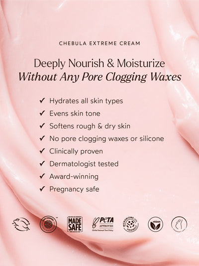 Chebula Extreme Cream benefits highlighted on a soft pink background, emphasizing its deep hydration, ability to even skin tone, and nourishing formula without pore-clogging waxes or silicones.