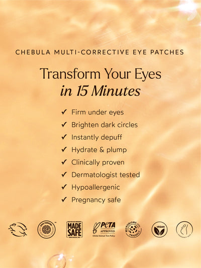 Chebula Multi-Corrective Eye Patches benefits highlighted on a warm golden background, emphasizing their ability to firm, brighten, depuff, and hydrate the under-eye area in just 15 minutes.