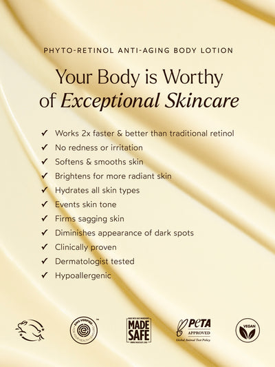 The Phyto-Retinol Anti-Aging Body Lotion works 2x faster and better than traditional retinol without causing redness or irritation. It softens, smooths, and hydrates all skin types, brightens for more radiant skin, evens skin tone, firms sagging skin, and diminishes the appearance of dark spots. Clinically proven, dermatologist tested, and hypoallergenic, this lotion delivers exceptional skincare for your body.