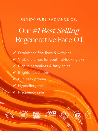 Renew Pure Radiance Oil benefits highlighted on a vibrant orange background, emphasizing its ability to diminish fine lines, plump skin, and brighten dullness with ceramides and fatty acids.