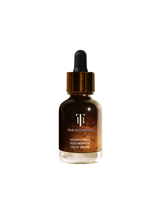 True Botanicals Bronze Well Regenerative Glow Drops bottle with dropper on a white background