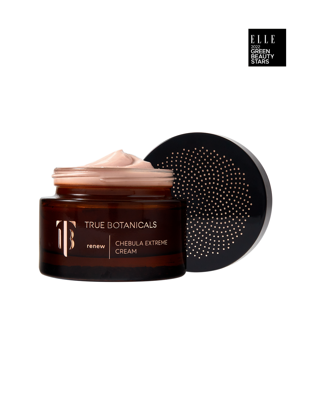 True Botanicals Renew Chebula Extreme Cream in a deep amber glass jar with a dark lid and gold logo, shown on a transparent background with an ELLE 2022 Green Beauty Stars badge.