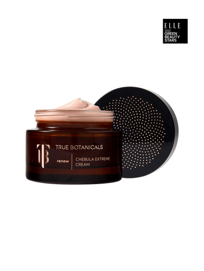 True Botanicals Renew Chebula Extreme Cream in a deep amber glass jar with a dark lid and gold logo, shown on a transparent background with an ELLE 2022 Green Beauty Stars badge.