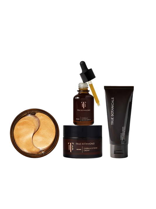 Collection of True Botanics skincare products on a white background. Chebula Effect Set.