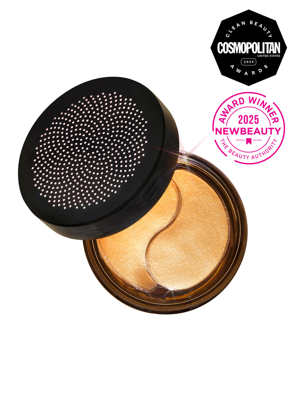 Gold under-eye patches shown inside an open amber jar with a black perforated lid. The image includes two award badges: one from Cosmopolitan Clean Beauty Awards 2025 and another from NewBeauty stating 2025 Award Winner.