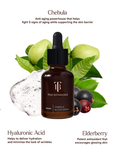 An amber glass dropper bottle of True Botanicals Chebula Active Serum is displayed at the center, surrounded by key ingredients. Green chebula fruit and leaves highlight its anti-aging properties for fighting five signs of aging while supporting the skin barrier. Transparent gel droplets represent hyaluronic acid for delivering hydration and minimizing wrinkles. Dark elderberries emphasize antioxidant benefits for promoting glowing skin. 