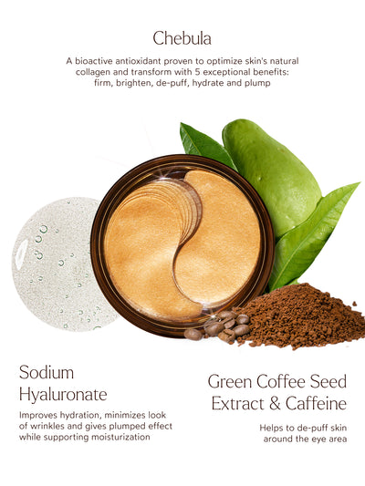 This image highlights the Chebula-infused eye patches with a focus on three key ingredients:

Chebula – A bioactive antioxidant that supports collagen production and delivers 5 benefits: firming, brightening, de-puffing, hydrating, and plumping.
Sodium Hyaluronate – Boosts hydration, minimizes wrinkles, and provides a plumped, moisturized appearance.
Green Coffee Seed Extract & Caffeine – Targets puffiness to visibly smooth and awaken the under-eye area.
