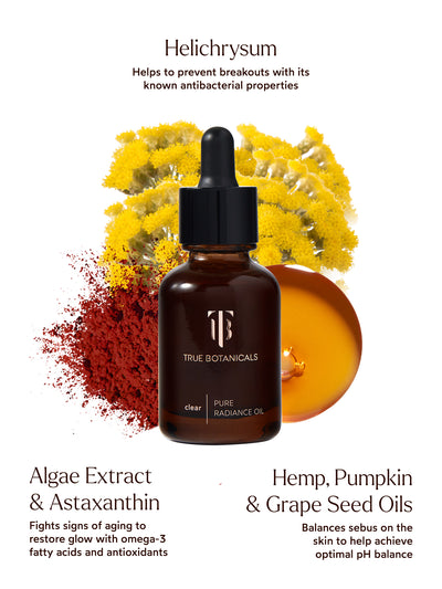 The Clear Pure Radiance Oil is formulated with Helichrysum to help prevent breakouts with its antibacterial properties, along with Algae Extract and Astaxanthin to combat signs of aging and restore glow through omega-3 fatty acids and antioxidants. Hemp, Pumpkin, and Grape Seed Oils work together to balance sebum and support optimal pH balance, leaving skin clear, hydrated, and radiant.