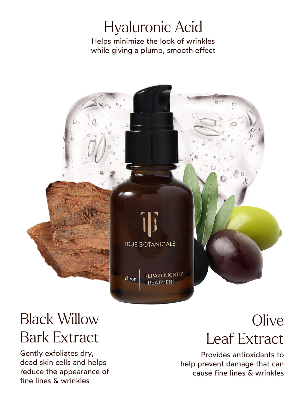 Clear Repair Nightly Treatment Ingredients: Hyaluronic Acid, Black Willow Bark Extract, Olive Leaf Extract