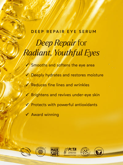 An image for True Botanicals Deep Repair Eye Serum with the tagline "Deep Repair for Radiant, Youthful Eyes" on a golden background. A list of benefits includes: "Smooths and softens the eye area, Deeply hydrates and restores moisture, Reduces fine lines and wrinkles, Brightens and revives under-eye skin, Protects with powerful antioxidants, Award-winning." Certification logos at the bottom include EWG Verified, MADE SAFE, PETA Approved, Microbiome Friendly, and Vegan.