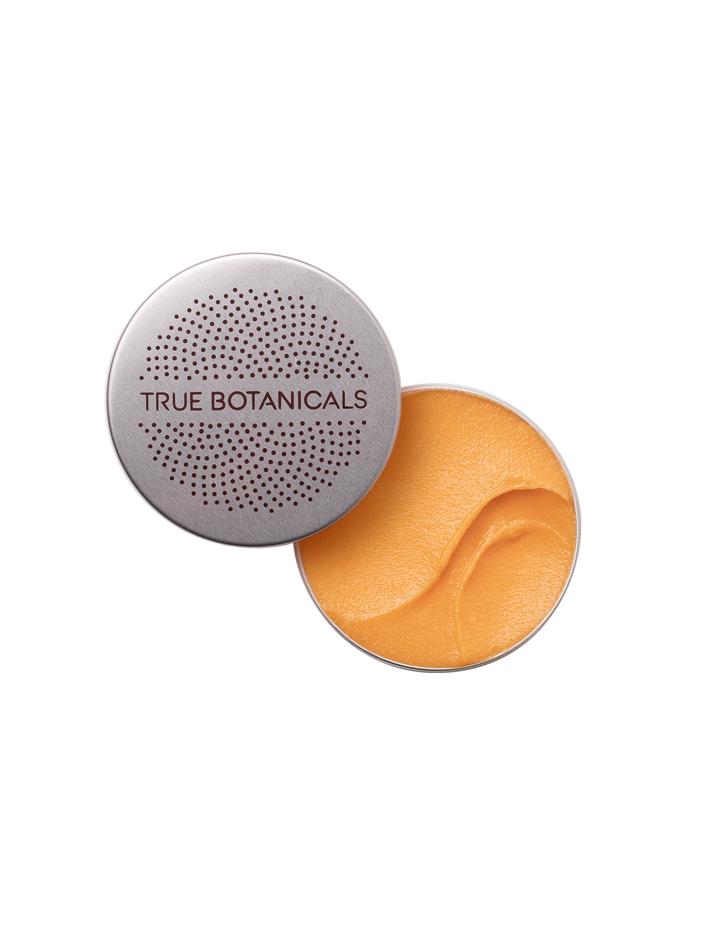 True Botanicals Everything Rescue Balm with open lid showing orange balm on a white background