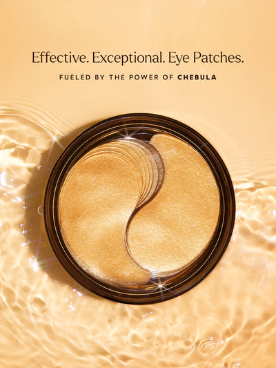 This image showcases luxurious, golden eye patches described as Effective. Exceptional. and Fueled by the power of Chebula. The shimmering gold tones and water reflections emphasize hydration, radiance, and premium skincare benefits, ideal for targeting fine lines, puffiness, and under-eye brightness.