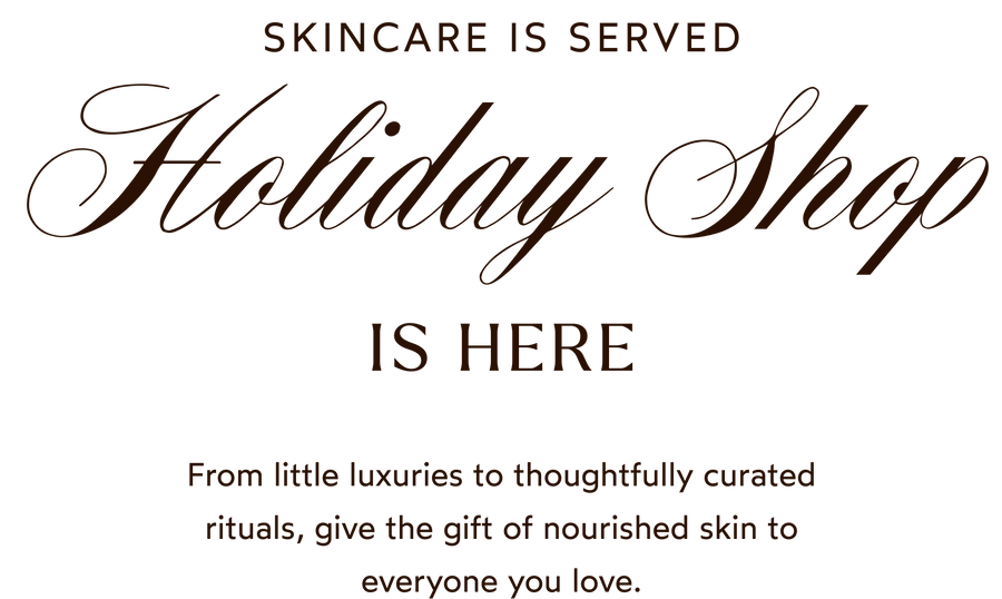 Promotional text for a skincare holiday shop on a white background