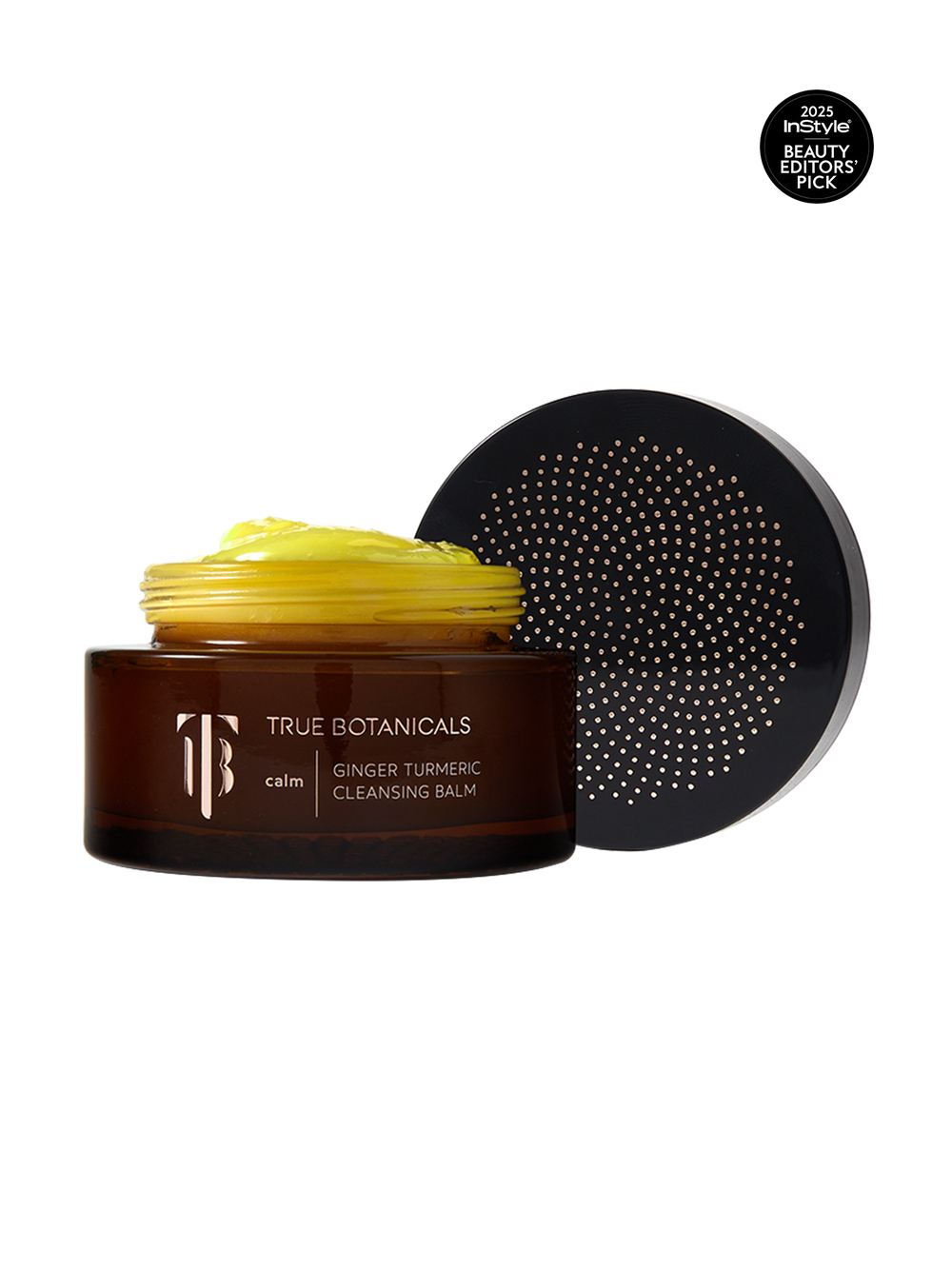 True Botanicals Calm Ginger Turmeric Cleansing Balm in a deep amber glass jar with a dark lid and gold logo, shown on a transparent background with an InStyle 2025 Beauty Editors' Pick badge.