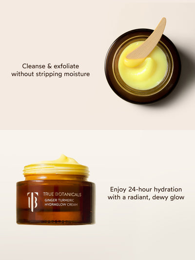 This image showcases two skincare products from True Botanicals. The Ginger Turmeric Cleansing Balm effectively cleanses and exfoliates the skin while preserving its moisture. Below, the Ginger Turmeric Hydraglow Cream delivers 24-hour hydration, leaving the skin radiant and dewy.