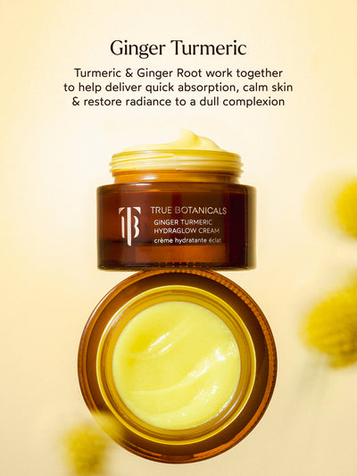 Ginger Turmeric
Turmeric & Ginger Root work together to help deliver quick absorption, calm skin, and restore radiance to a dull complexion.
True Botanicals Ginger Turmeric HydraGlow Cream – A rich, nourishing formula designed to hydrate and brighten the skin.