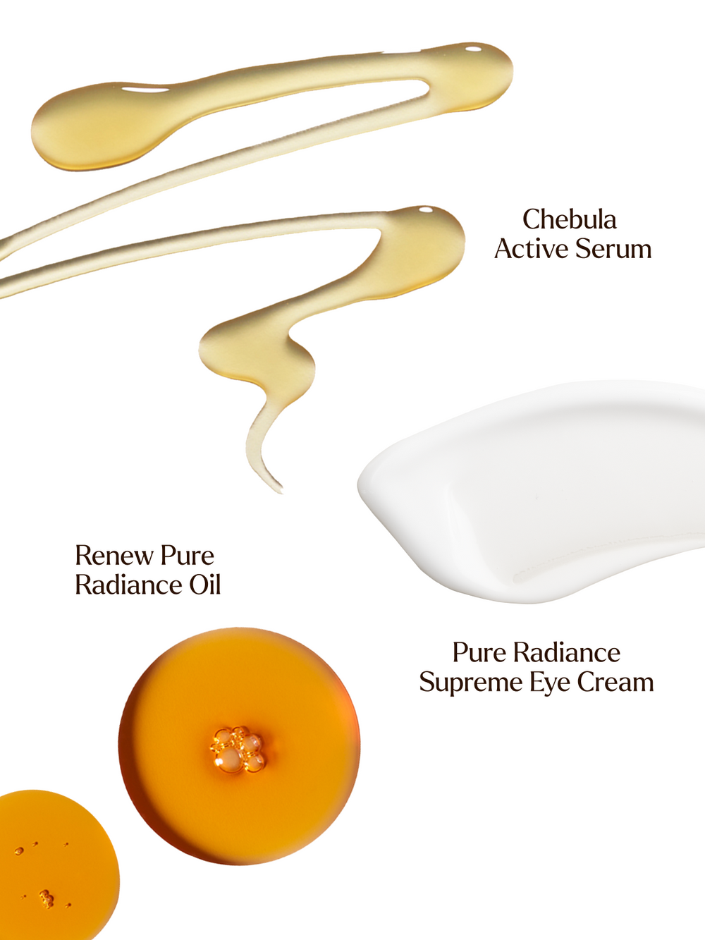 Cosmetic products including Chebula Active Serum, Renew Pure Radiance Oil, and Pure Radiance Supreme Eye Cream on a white background.