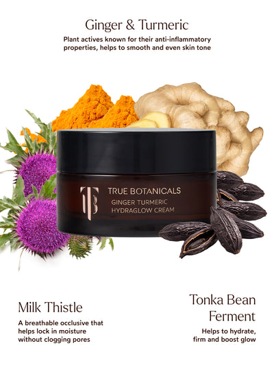 The Ginger Turmeric Hydraglow Cream combines potent plant actives and skin-loving ingredients to deliver hydration, smoothness, and radiance.
Key Ingredients and Benefits:
Ginger & Turmeric – Anti-inflammatory properties that help to smooth and even skin tone.
Milk Thistle – A breathable occlusive that locks in moisture without clogging pores.
Tonka Bean Ferment – Boosts hydration, firms the skin, and enhances glow.
This formula hydrates while calming irritation, leaving skin looking radiant and refreshed.