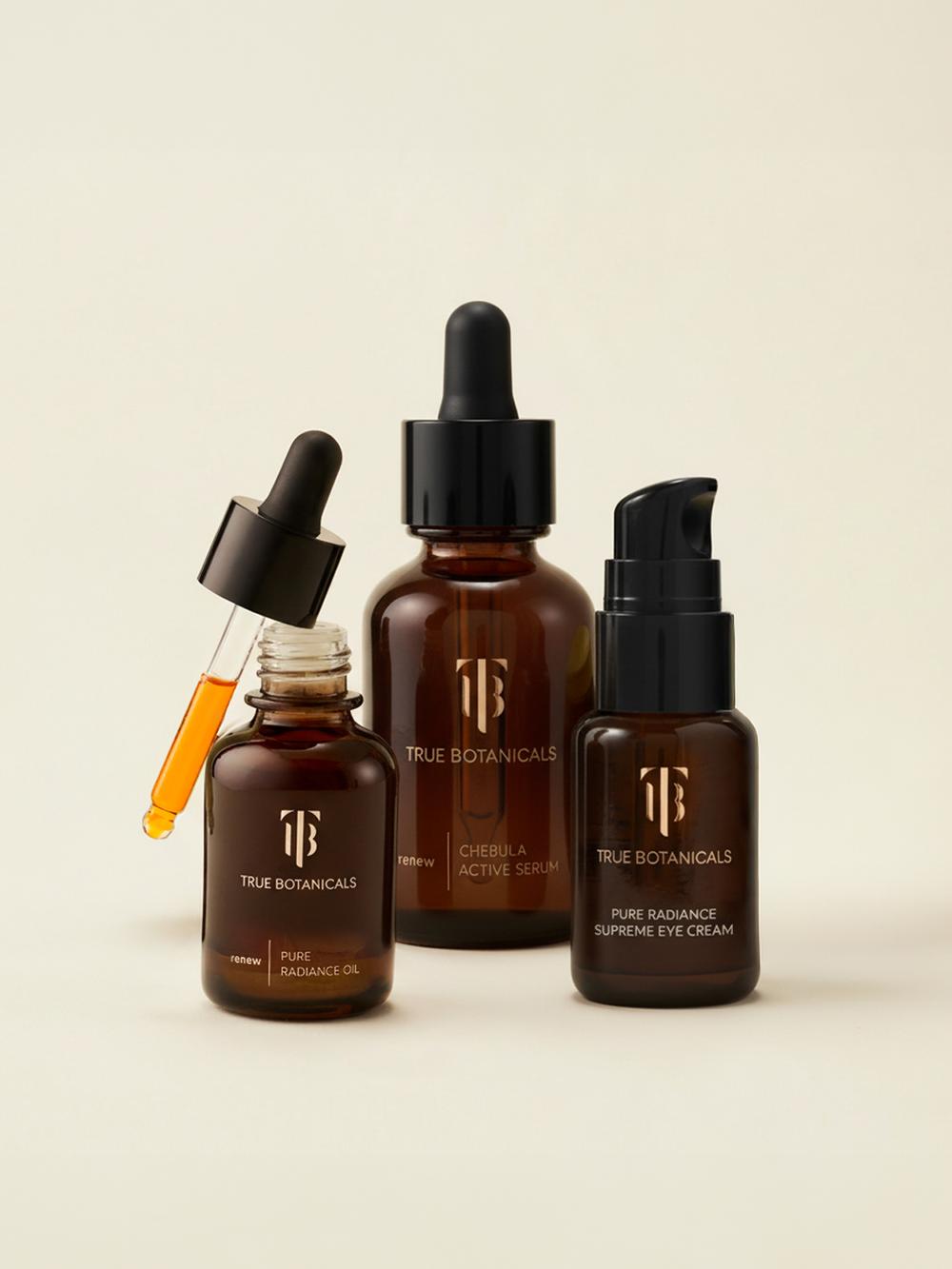 Set of True Botanicals skincare products on a beige background