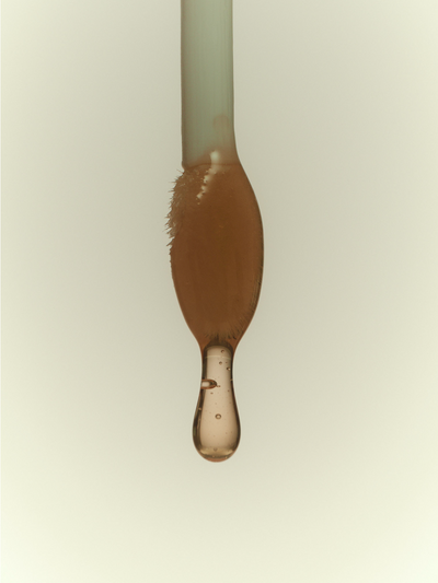A macro close-up of a dropper coated in warm amber-toned lip oil, with a single translucent drop forming at the tip against a soft cream background.