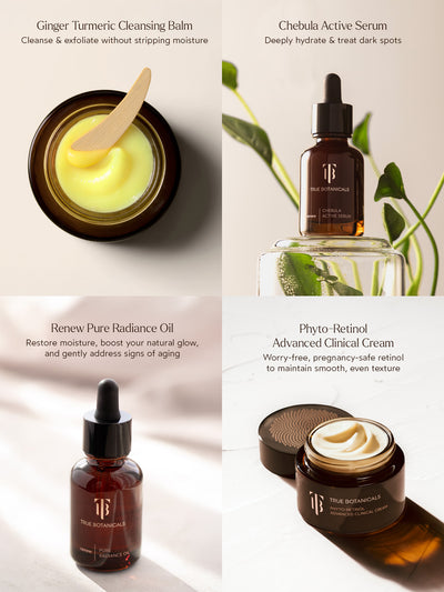 A grid showcasing True Botanicals products: Ginger Turmeric Cleansing Balm, Chebula Active Serum, Renew Pure Radiance Oil, and Phyto-Retinol Advanced Clinical Cream, each highlighted with textures and benefits for hydrated, radiant, and smooth skin.