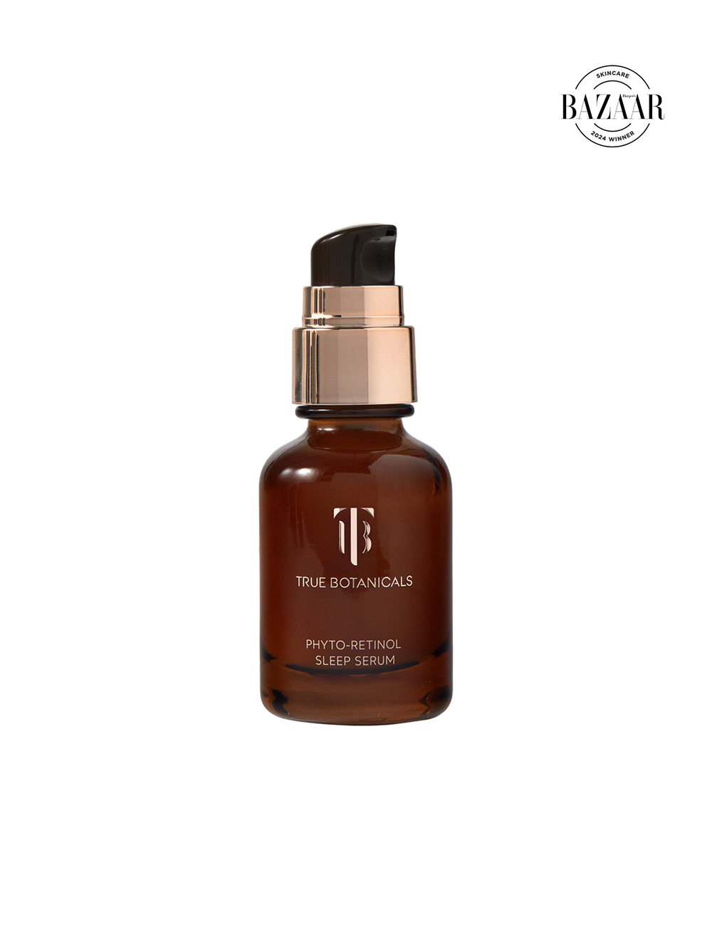 Brown serum bottle with black cap on a white background, featuring the 'Bazaar' logo.