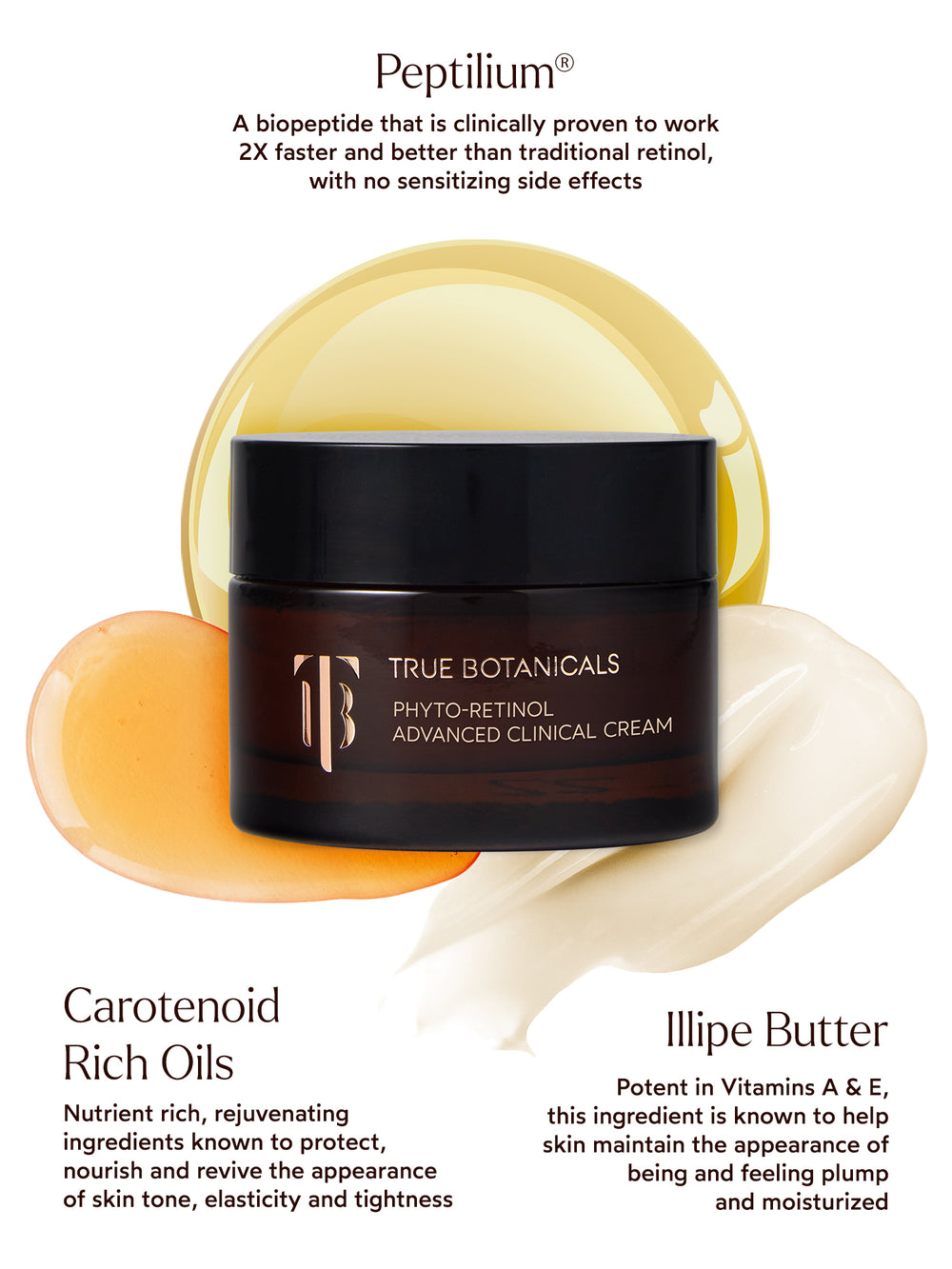 The True Botanicals Phyto-Retinol Advanced Clinical Cream is powered by Peptilium®, a biopeptide clinically proven to work 2x faster and better than traditional retinol without sensitizing side effects. Enriched with carotenoid-rich oils, it protects, nourishes, and revives skin tone, elasticity, and tightness. Illipe Butter, rich in Vitamins A and E, helps maintain skin's plump, moisturized, and youthful appearance.