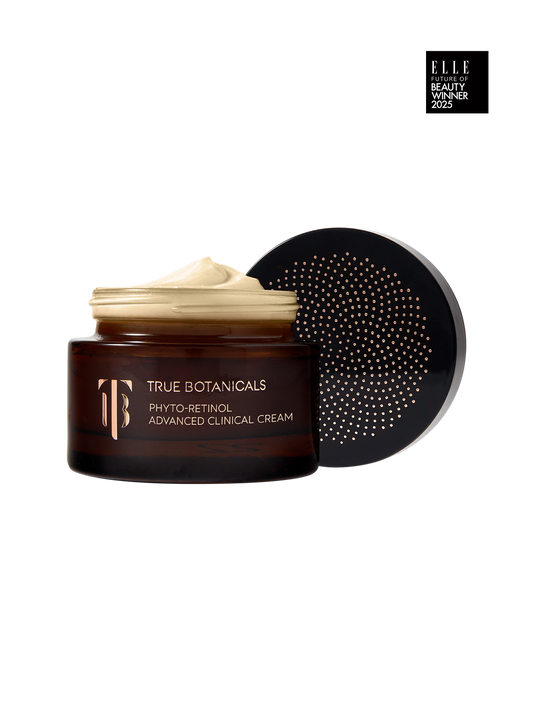 True Botanicals cream jar on a beige background with ELLE Beauty Icon 2023 award badge.
