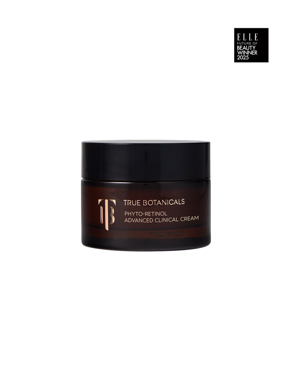 True Botanicals cream jar on a beige background with ELLE Beauty Icon 2023 award badge.