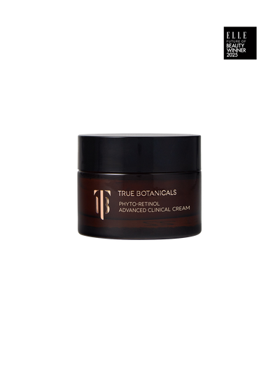 True Botanicals cream jar on a beige background with ELLE Beauty Icon 2023 award badge.