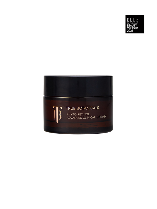 True Botanicals cream jar on a beige background with ELLE Beauty Icon 2023 award badge.