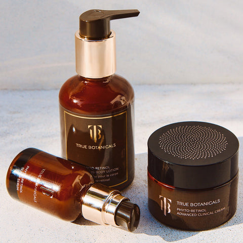 True Botanicals Phyto-Retinol collection features the Advanced Clinical Cream, Anti-Aging Body Lotion, and Sleep Serum—clinically proven to deliver visibly smoother, firmer, and more hydrated skin without the harsh side effects of traditional retinol. Powered by Peptilium®, these luxurious formulas help reduce fine lines, improve elasticity, and enhance radiance while being gentle enough for sensitive skin.