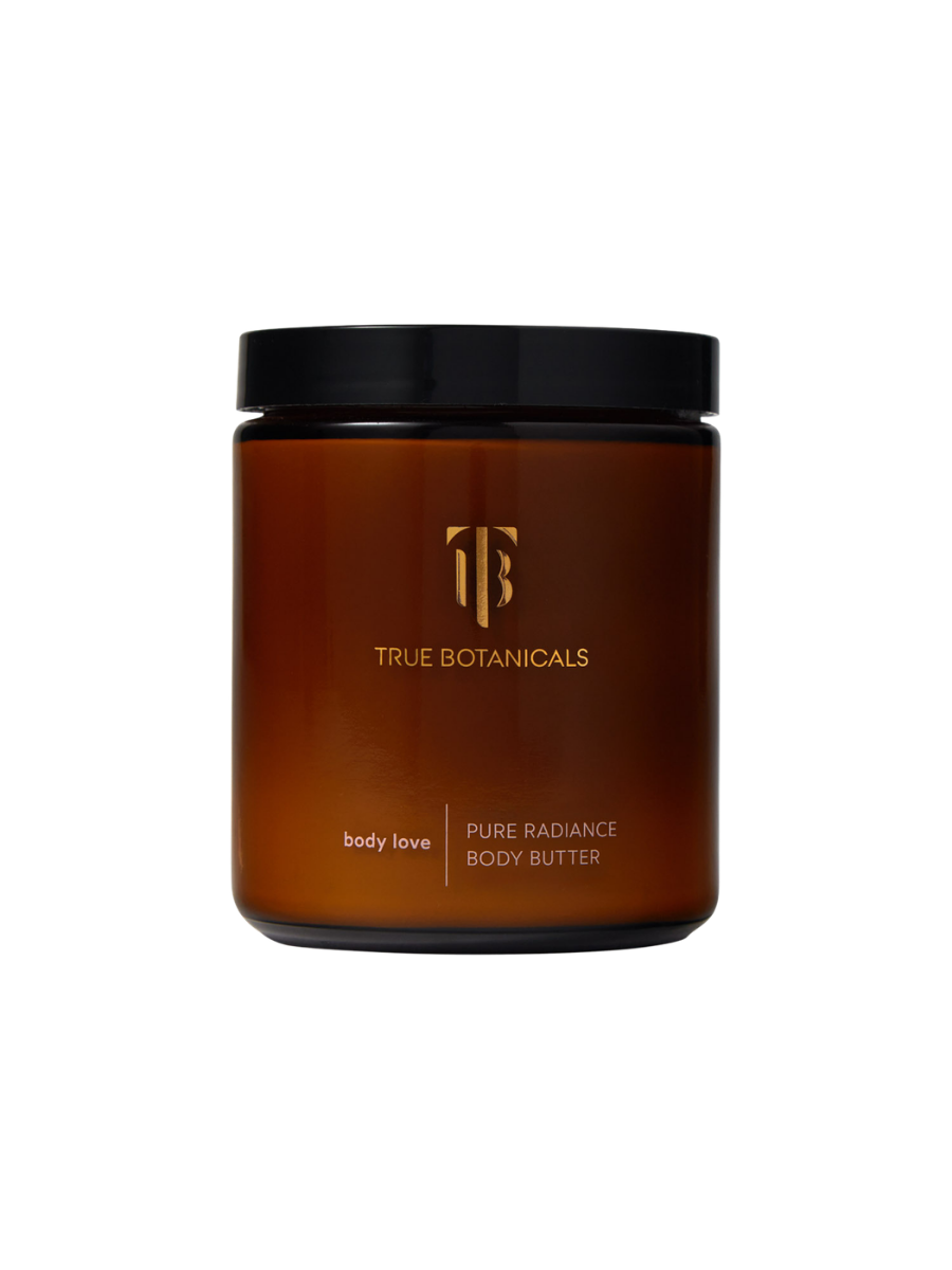 Brown jar of True Botanicals body butter with black lid on a white background