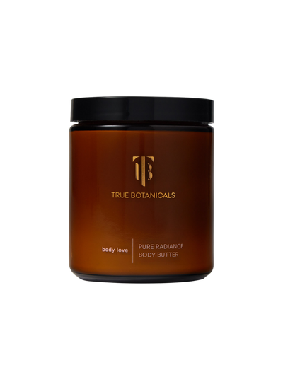 Brown jar of True Botanicals body butter with black lid on a white background