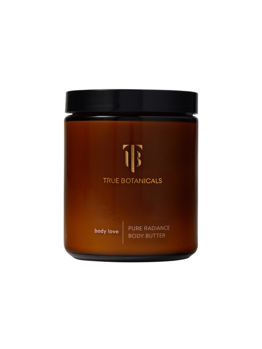 Brown jar of True Botanicals body butter with black lid on a white background