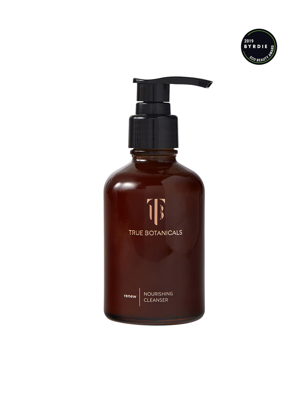 Brown bottle with pump labeled 'True Botanicals' on a white background