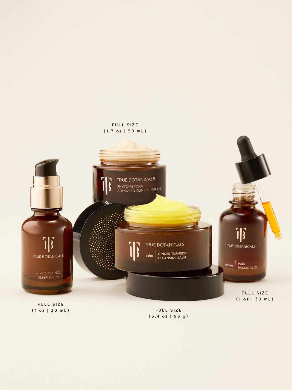 True Botanicals skincare collection featuring full sizes of Phyto-Retinol Sleep Serum, Phyto-Retinol Advanced Clinical Cream, Ginger Turmeric Cleansing Balm, and Pure Radiance Oil — clean, high-performance formulas for calm, radiant, and visibly renewed skin.