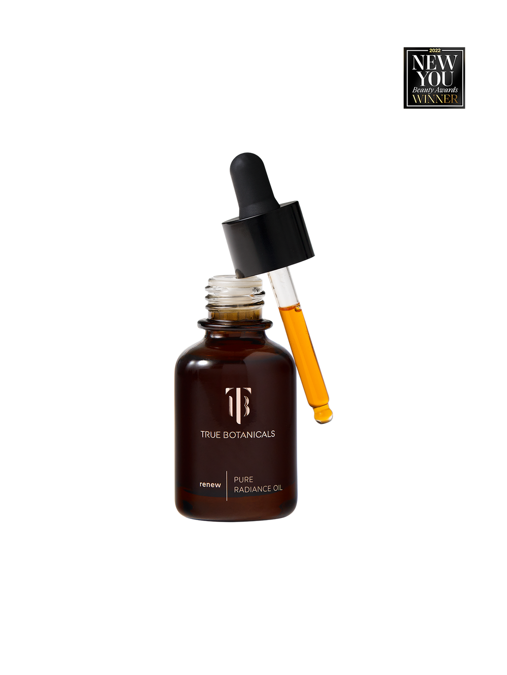True Botanicals Renew Pure Radiance Oil in a deep amber glass dropper bottle with a black rubber bulb top and gold logo, shown on a transparent background with a New You Beauty Awards 2022 Winner badge.