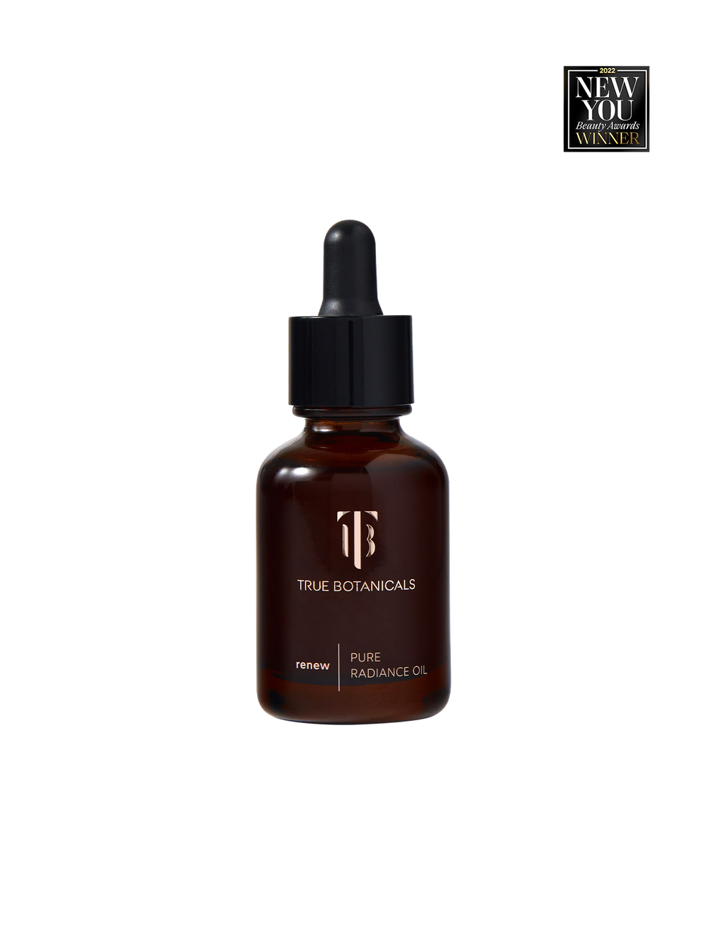 True Botanicals pure radiance oil bottle with dropper on a white background