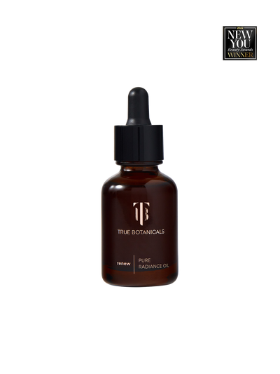True Botanicals pure radiance oil bottle with dropper on a white background