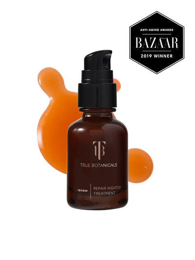 Renew Repair Nightly Treatment. Anti-Aging Awards from Bazaar 2019 winner. Product has texture goop behind it, orange.