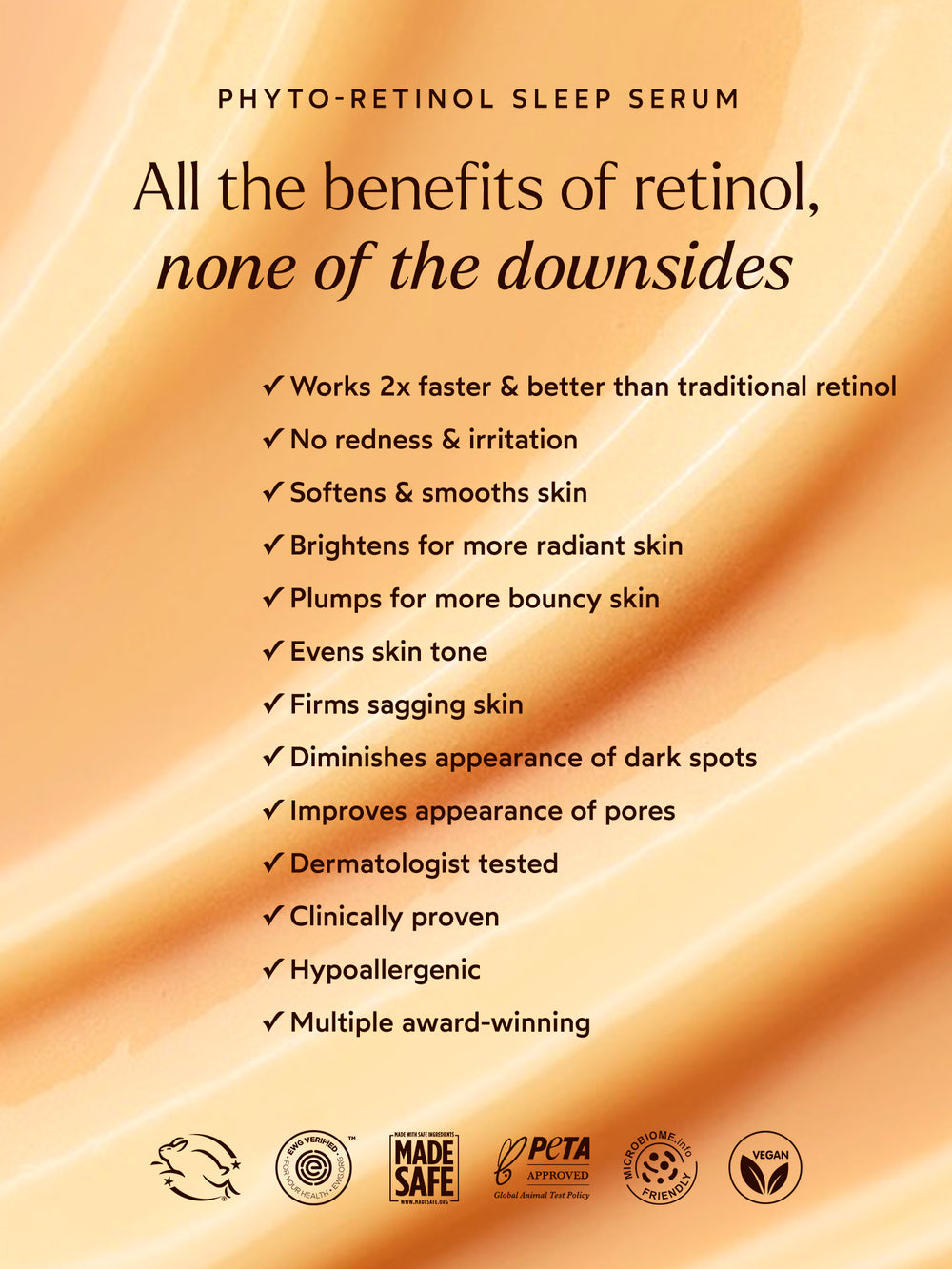 A promotional graphic for True Botanicals Phyto-Retinol Sleep Serum features a warm golden background with soft, glowing light streaks. The headline highlights the product’s benefits, stating it offers all the benefits of retinol without the downsides. A bulleted list emphasizes key benefits, including faster results, no irritation, improved skin texture, radiance, and firmness. It also mentions dermatologist testing, clinical proof, hypoallergenic properties, and multiple awards. 