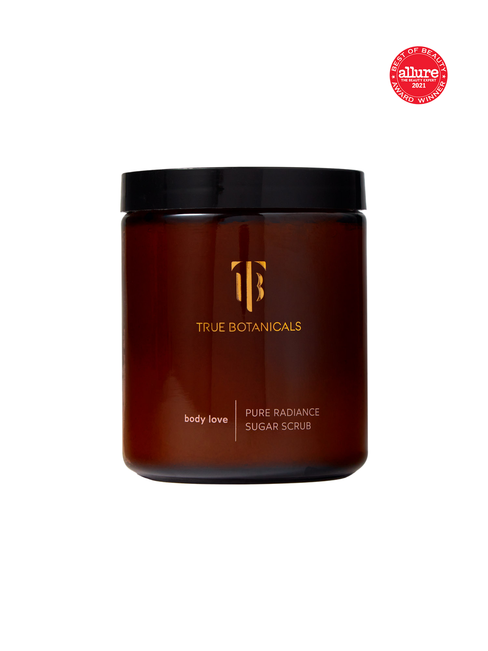 Brown jar of Pure Radiance Sugar Exfoliating Body Scrub from True Botanicals with black lid on a white background