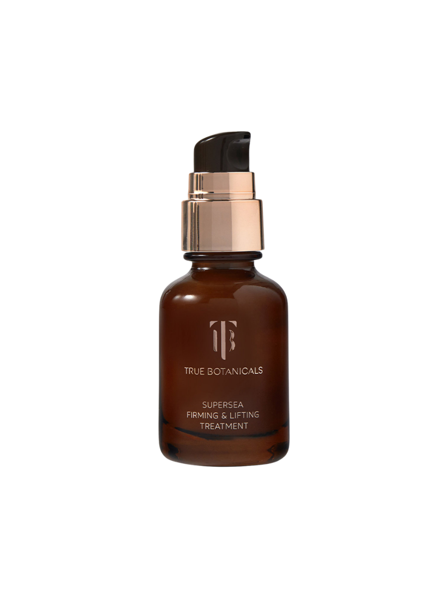 Brown bottle of SuperSEA Firming & Lifting Treatment with a black cap on a white background, featuring 'True Botanicals' branding.