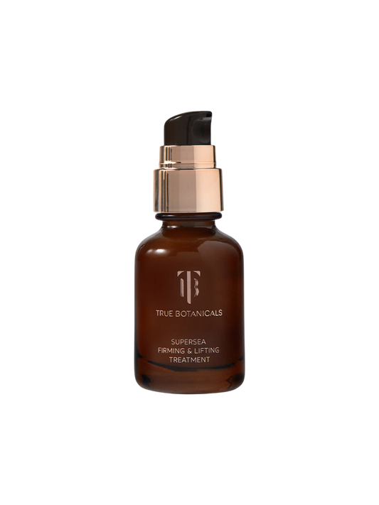 Brown bottle of SuperSEA Firming & Lifting Treatment with a black cap on a white background, featuring 'True Botanicals' branding.