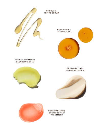 Six cosmetic product swatches arranged on a white background with handwritten-style labels naming each item: Chebula Active Serum, Renew Pure Radiance Oil, Ginger Turmeric Cleansing Balm, Phyto-Retinol Clinical Cream, and Pure Radiance Overnight Lip Treatment.