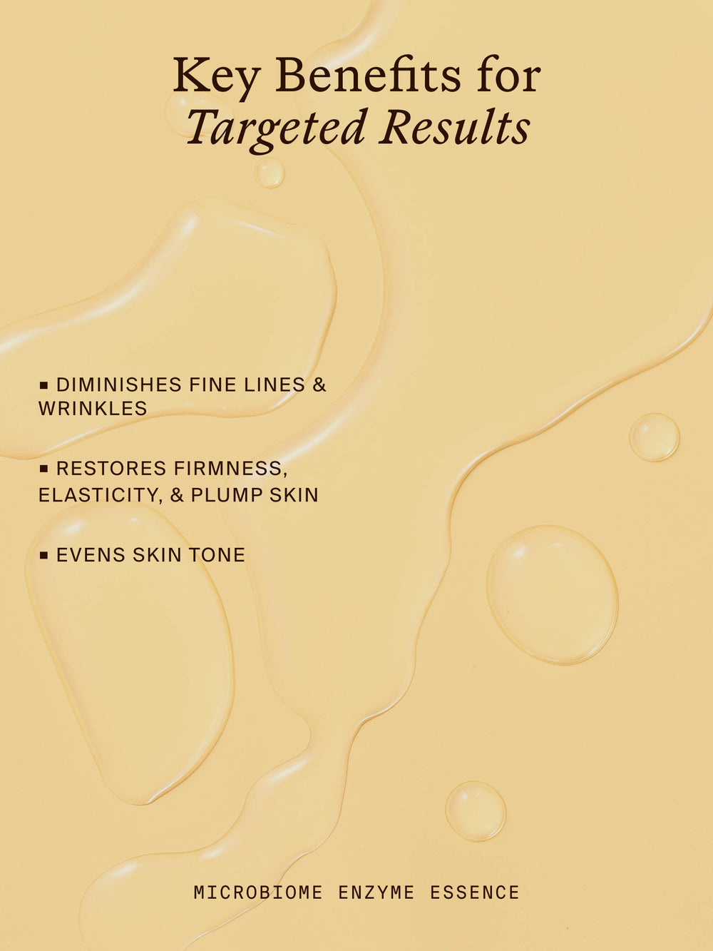 A beige promotional graphic with the headline 'Key Benefits for Targeted Results' and bullet points about diminishing fine lines and wrinkles, restoring firmness and elasticity, and even skin tone. The design uses warm beige tones with glossy liquid droplet illustrations and the brand name 'Microbiome Enzyme Essence' at the bottom.